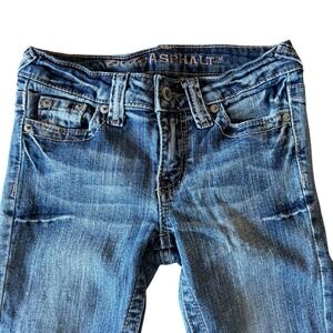 Blue Asphalt Womens Low Rise Bootcut Jeans Medium Wash Flap Pocket Size 00 Short